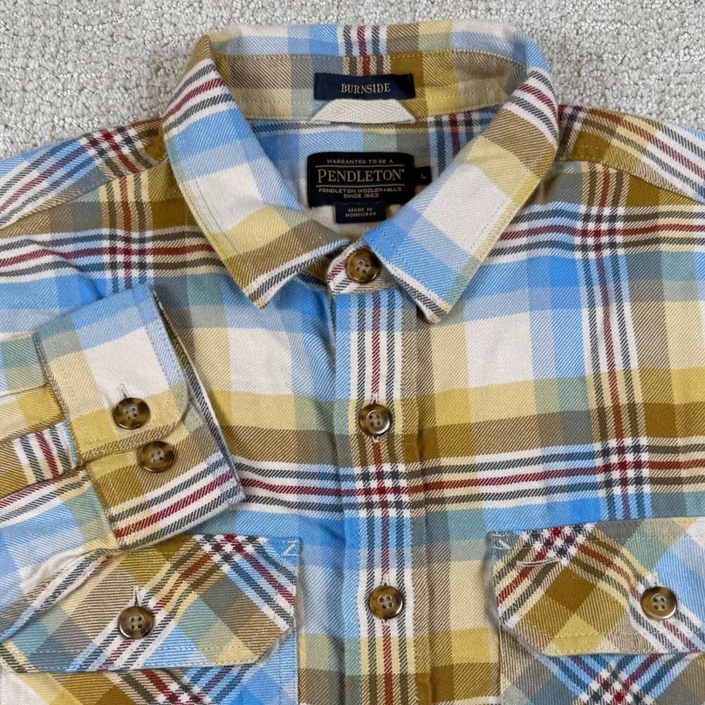 Pendleton Mens Large Blue Yellow Plaid Burnside Flannel Button Up Shirt